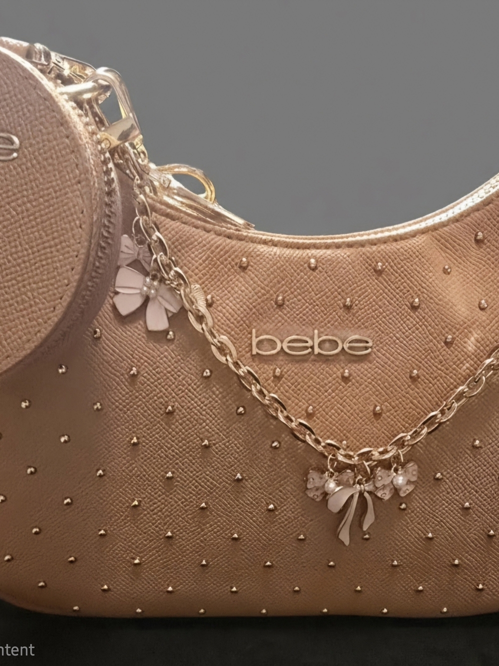 NEW bebe Shoulder Bag in Rose Gold Tone with Charm Chain
